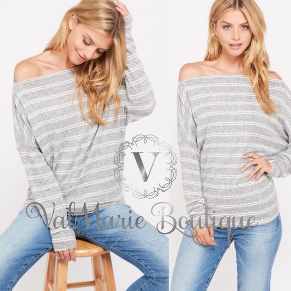 ValMarie Tops - Grey striped off shoulder top